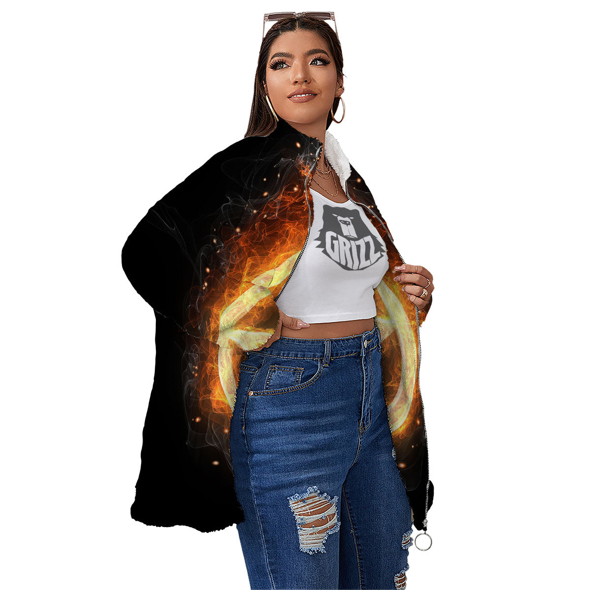Pentagram Flame Print Women's Sherpa Jacket-grizzshop