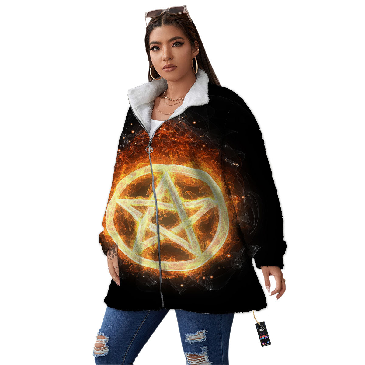 Pentagram Flame Print Women's Sherpa Jacket-grizzshop