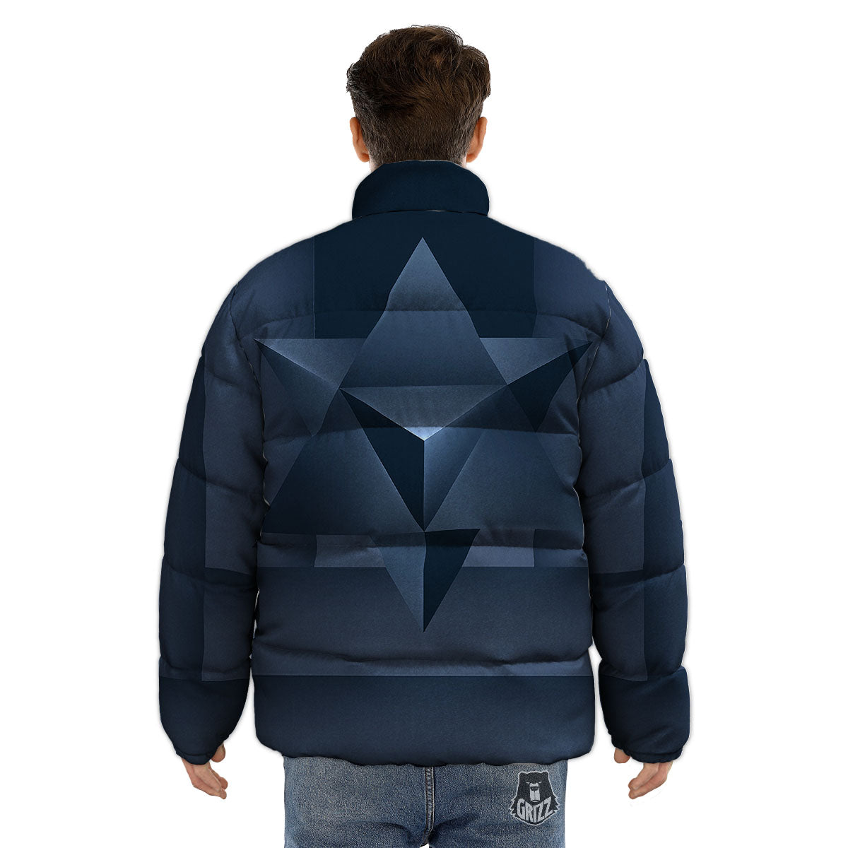 Pentagram Geometric Inverted Print Puffer Jacket-grizzshop