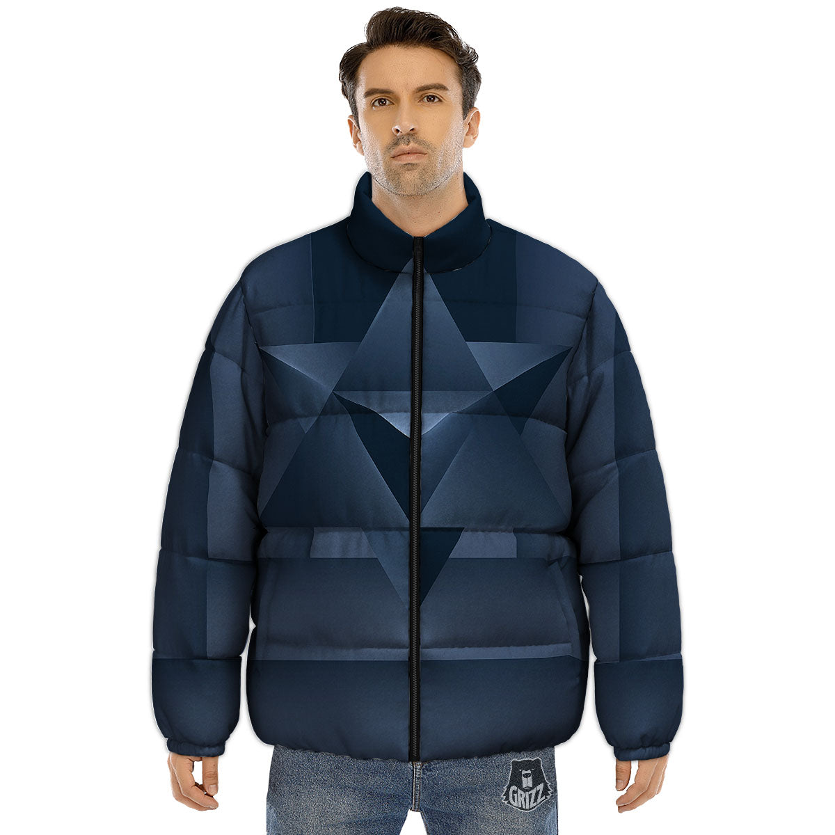 Pentagram Geometric Inverted Print Puffer Jacket-grizzshop