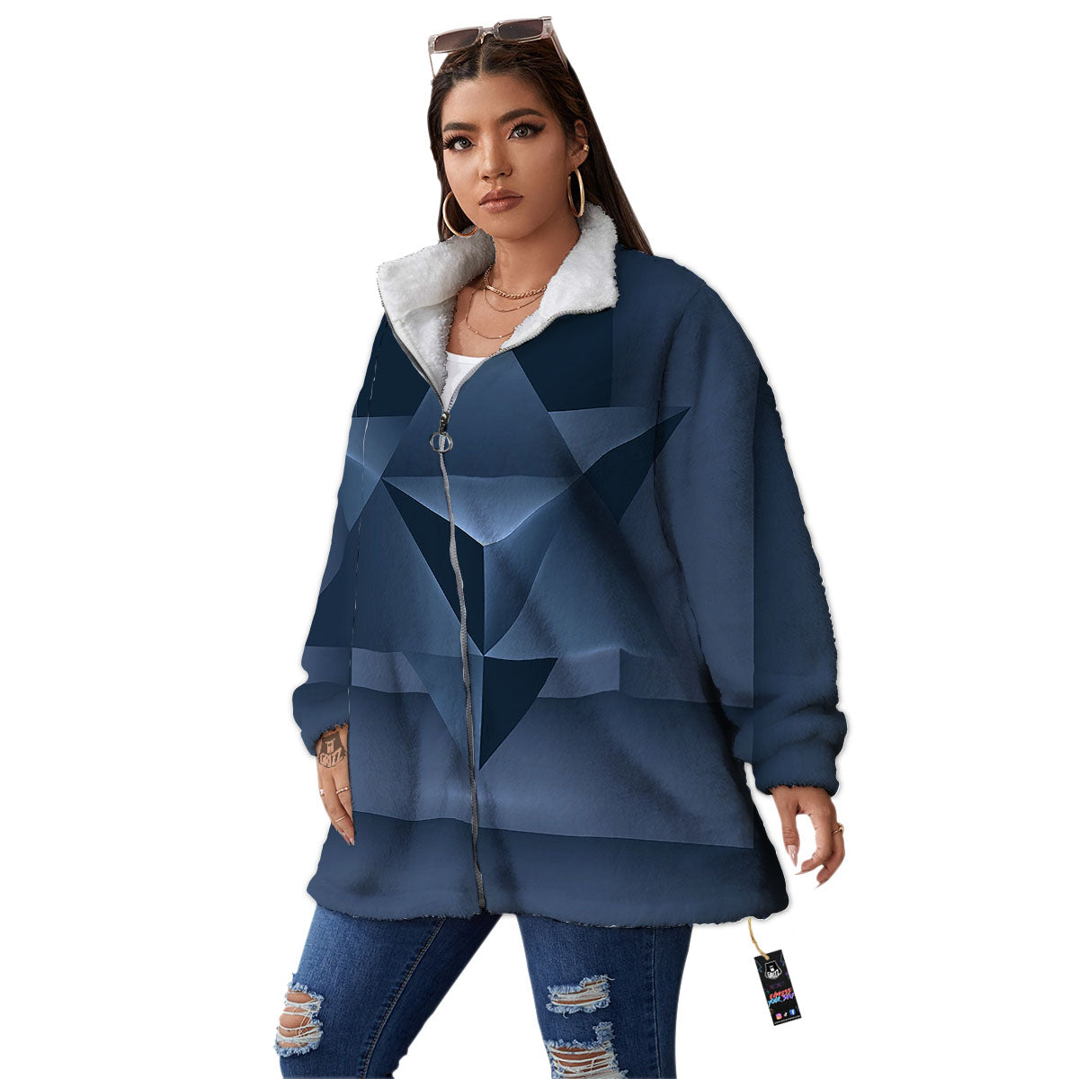 Pentagram Geometric Inverted Print Women's Sherpa Jacket-grizzshop