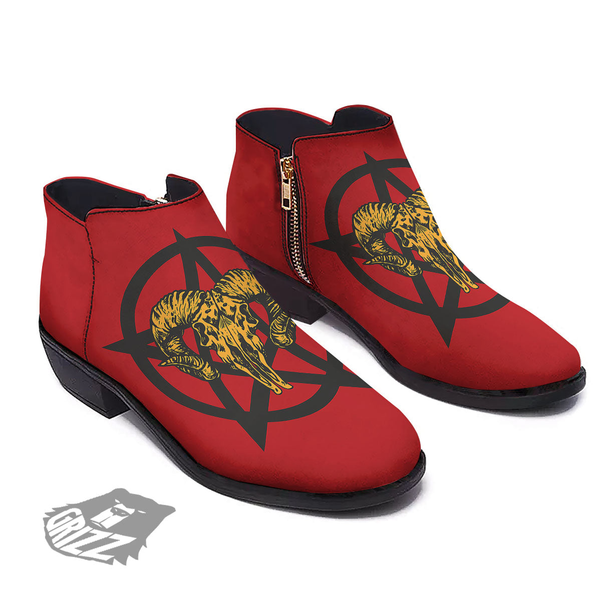Pentagram Goat Skull Print Ankle Boots-grizzshop