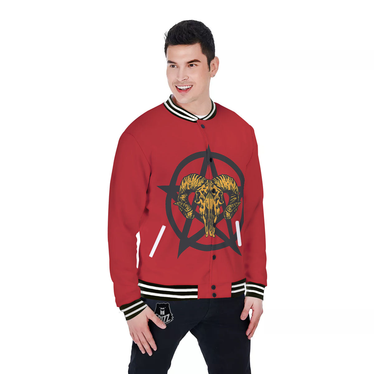 Pentagram Goat Skull Print Baseball Jacket-grizzshop