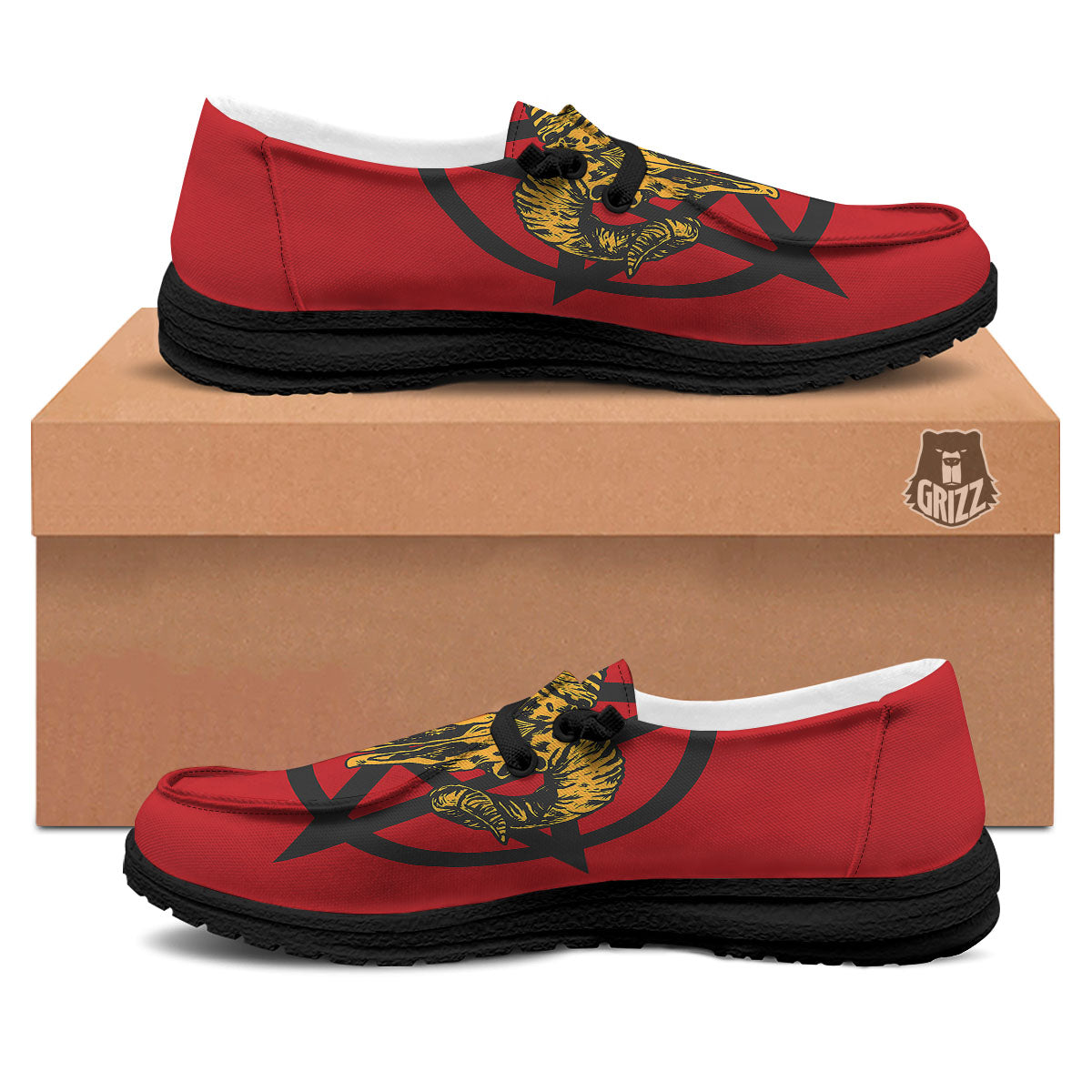 Pentagram Goat Skull Print Black Loafers-grizzshop