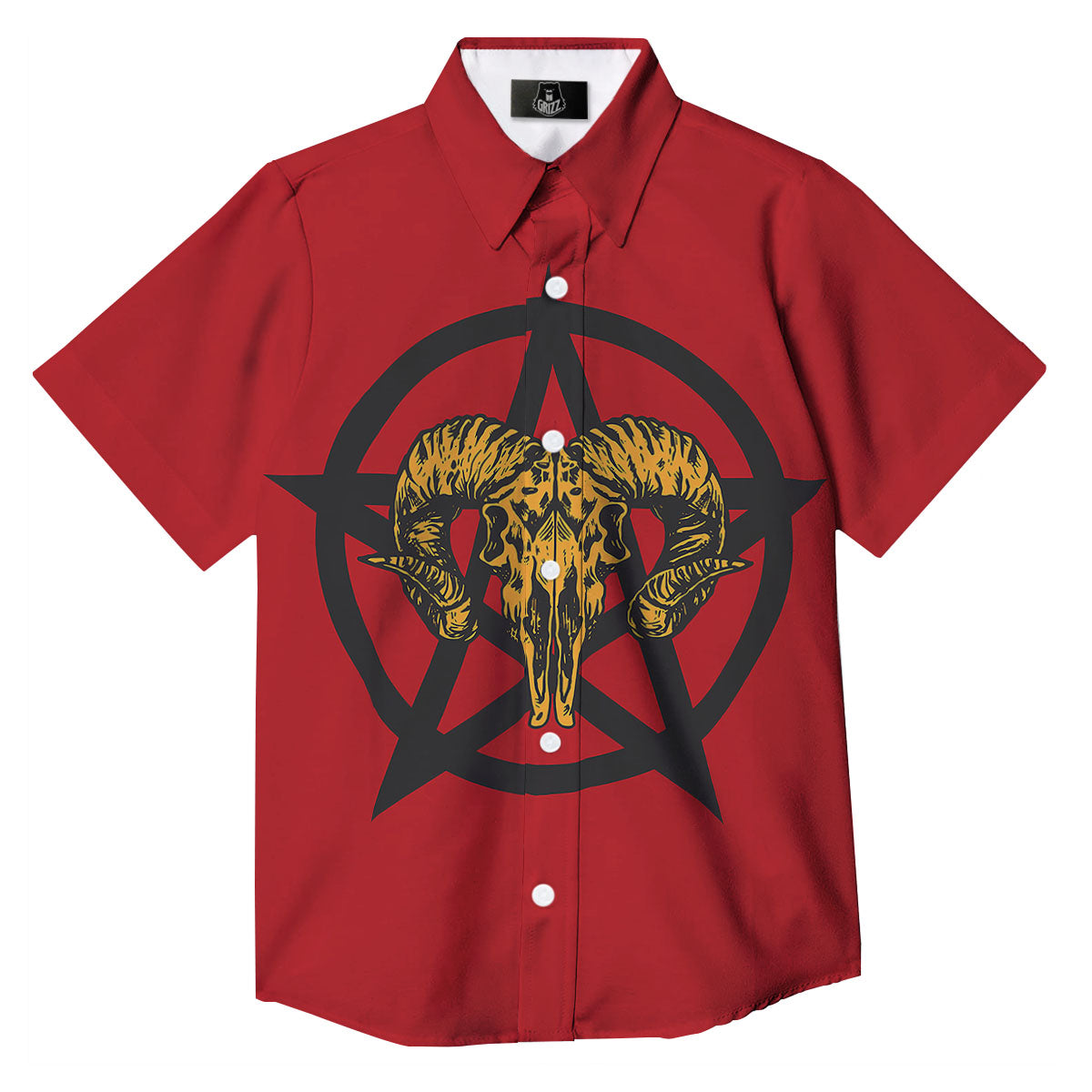 Pentagram Goat Skull Print Button Up Shirt-grizzshop