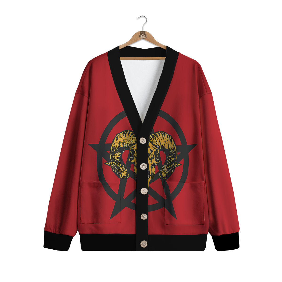 Pentagram Goat Skull Print Cardigan-grizzshop
