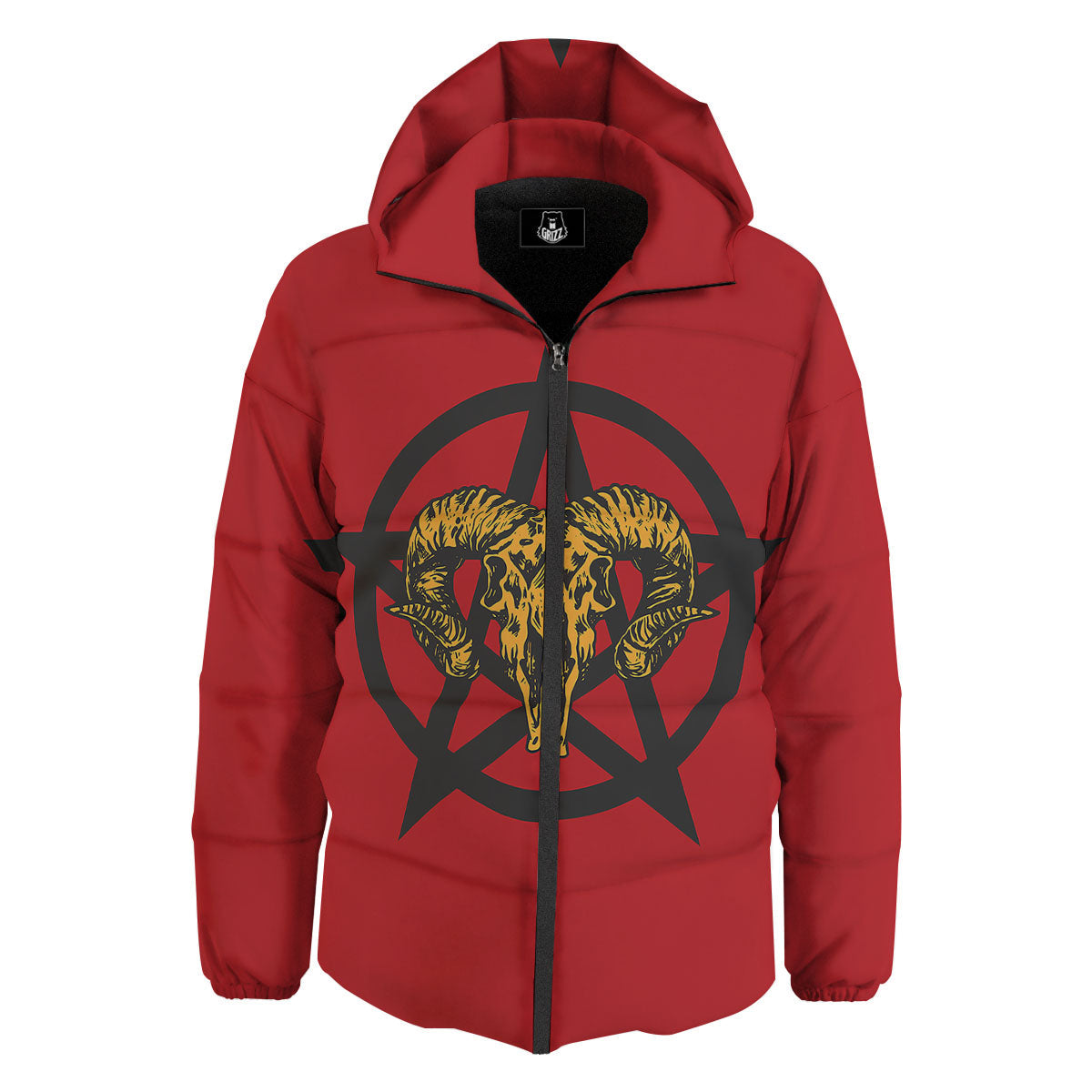 Pentagram Goat Skull Print Down Jacket-grizzshop