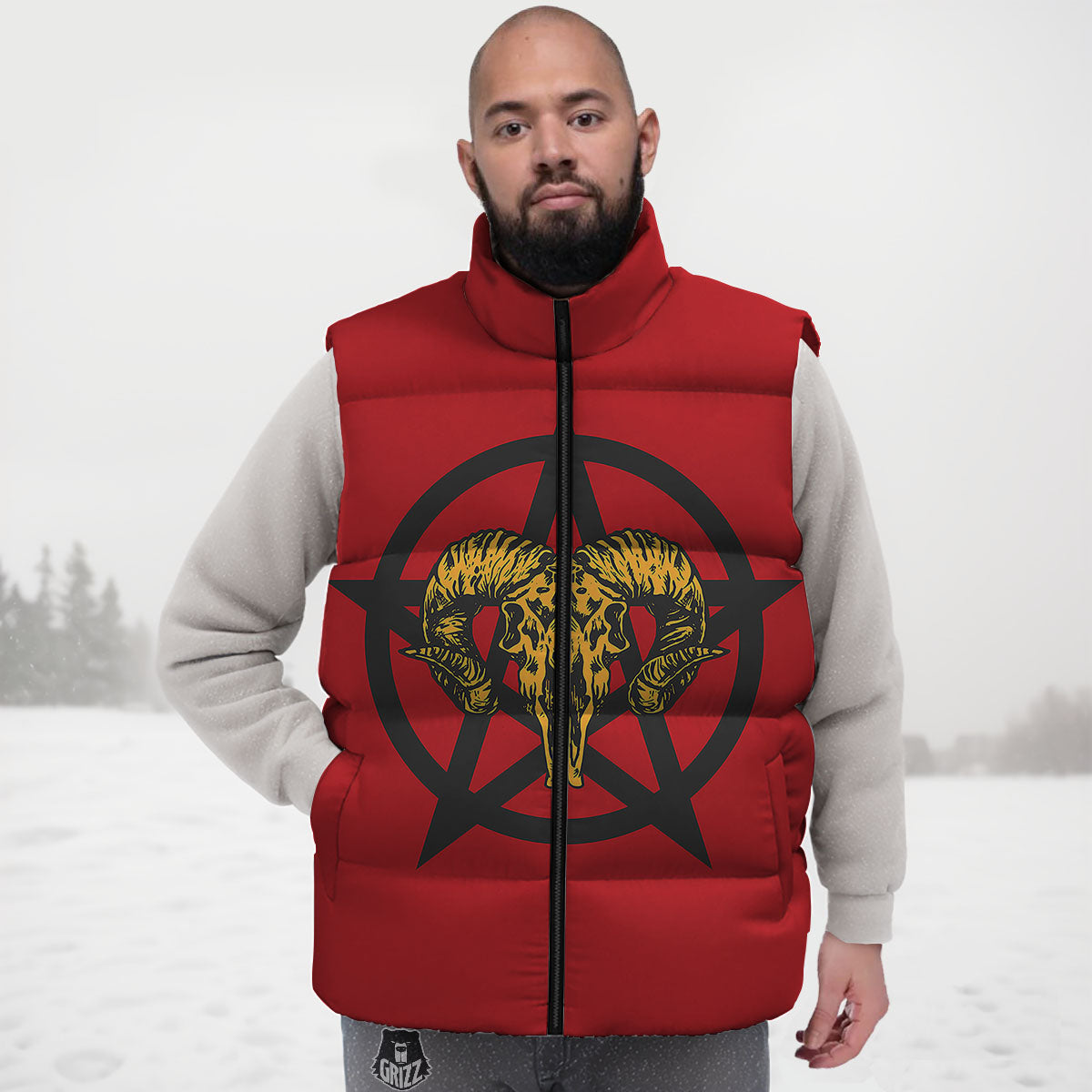Pentagram Goat Skull Print Down Vest