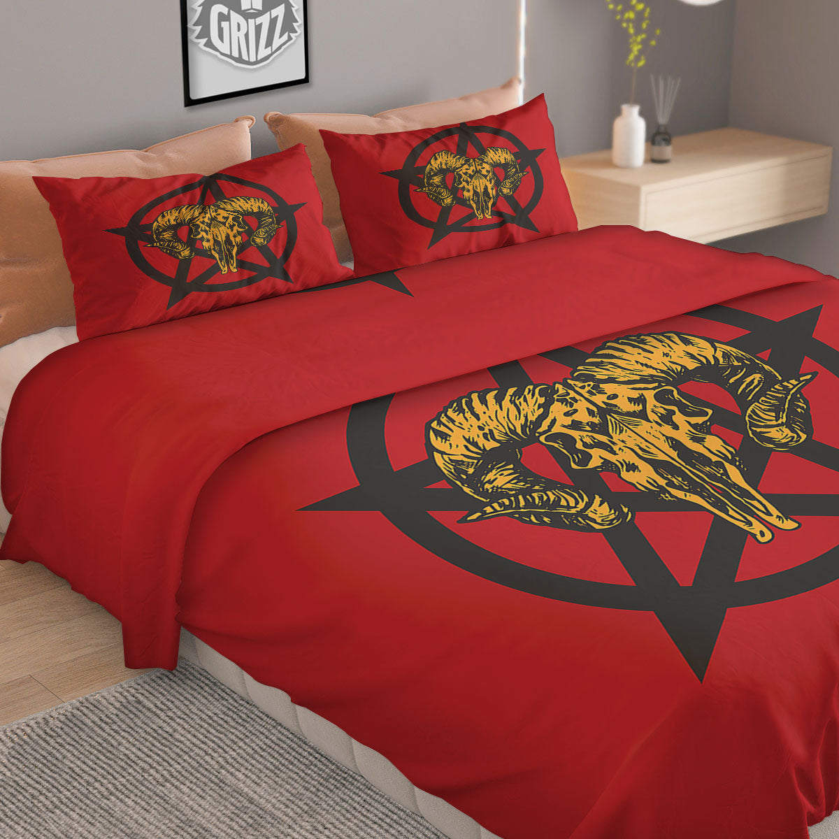 Pentagram Goat Skull Print Duvet Cover Bedding Set