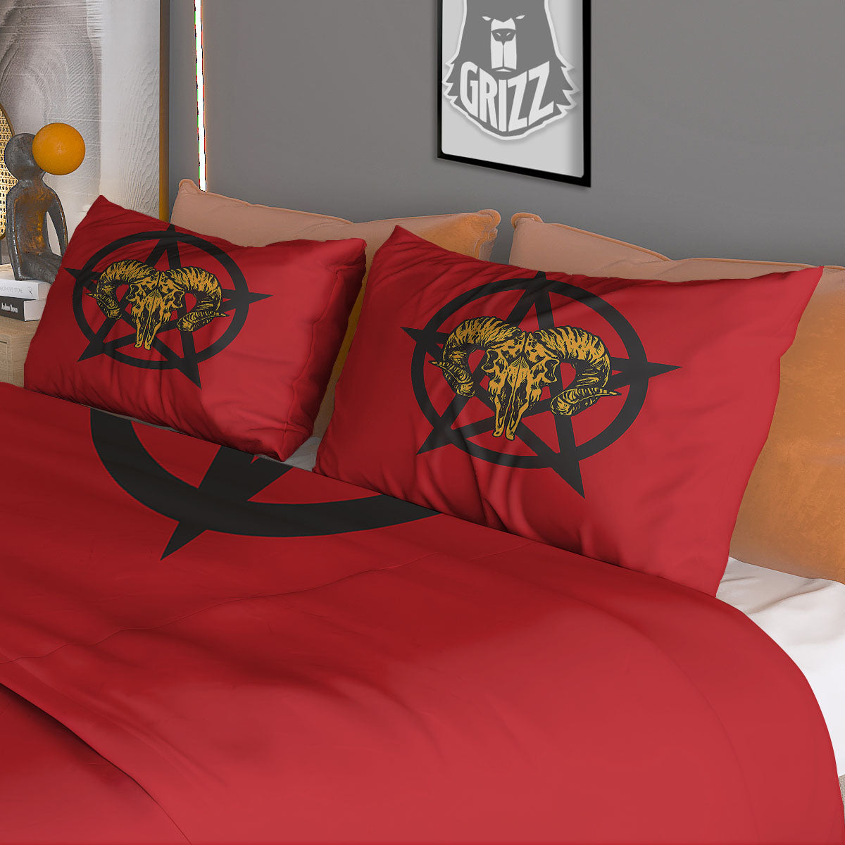 Pentagram Goat Skull Print Duvet Cover Bedding Set