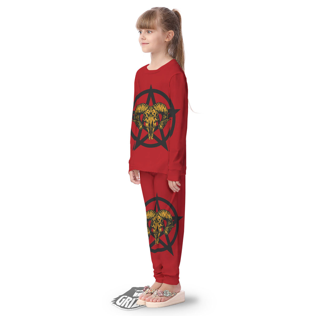 Pentagram Goat Skull Print Kid's Pajamas-grizzshop