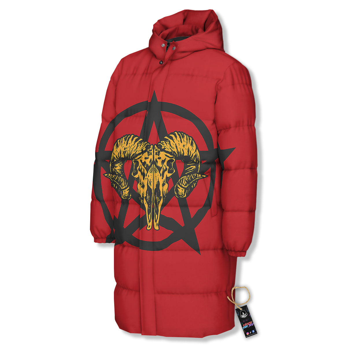 Pentagram Goat Skull Print Long Down Jacket-grizzshop