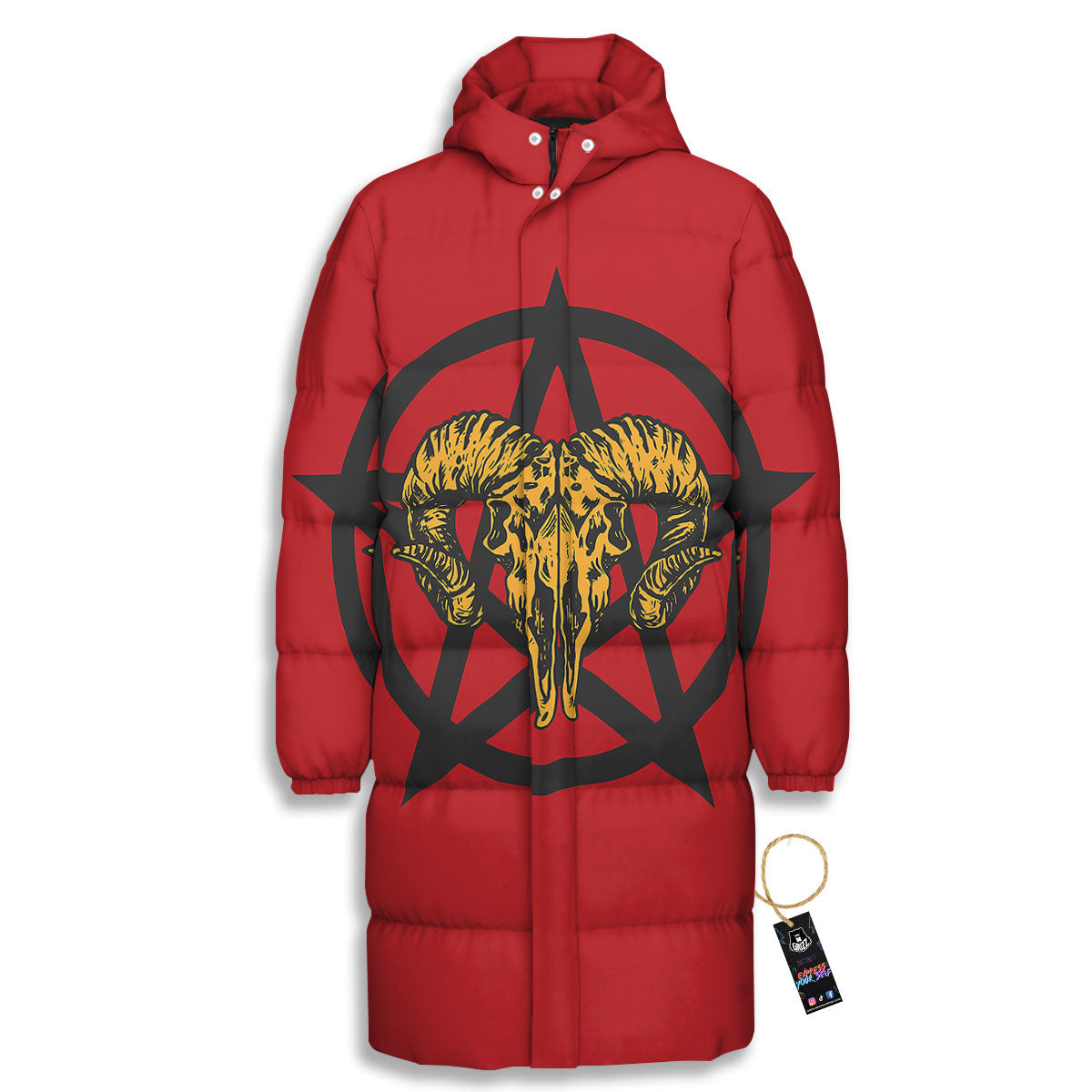 Pentagram Goat Skull Print Long Down Jacket-grizzshop