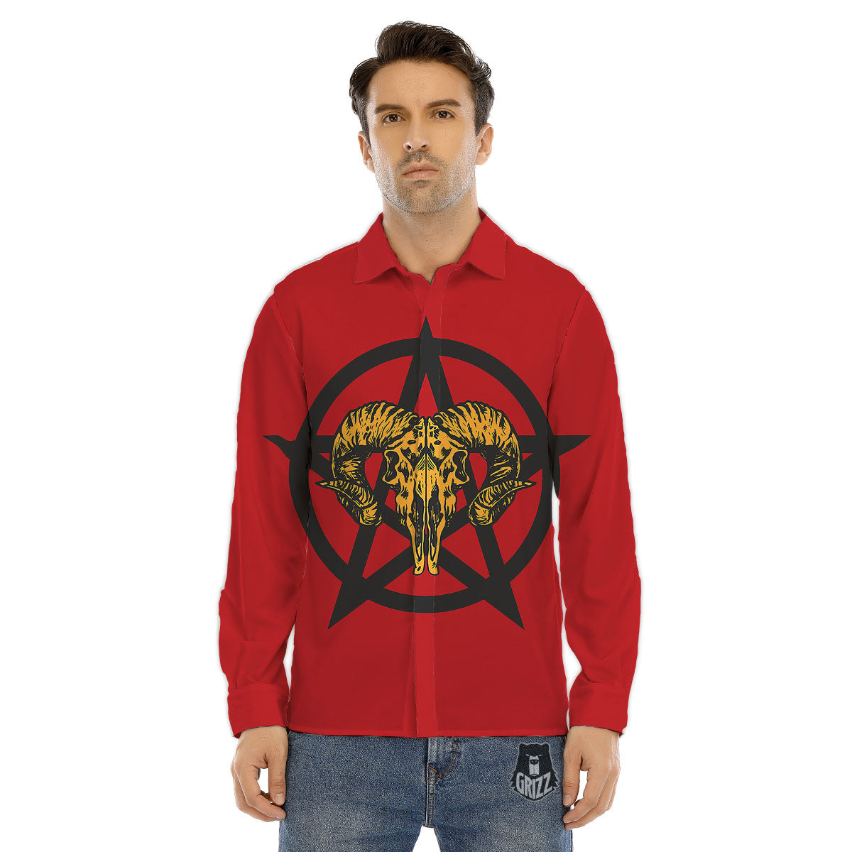 Pentagram Goat Skull Print Men's Dress Shirts-grizzshop