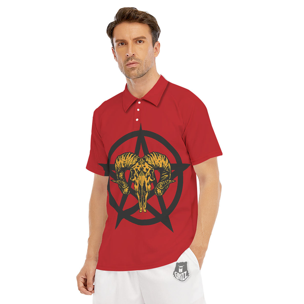 Pentagram Goat Skull Print Men's Golf Shirts-grizzshop