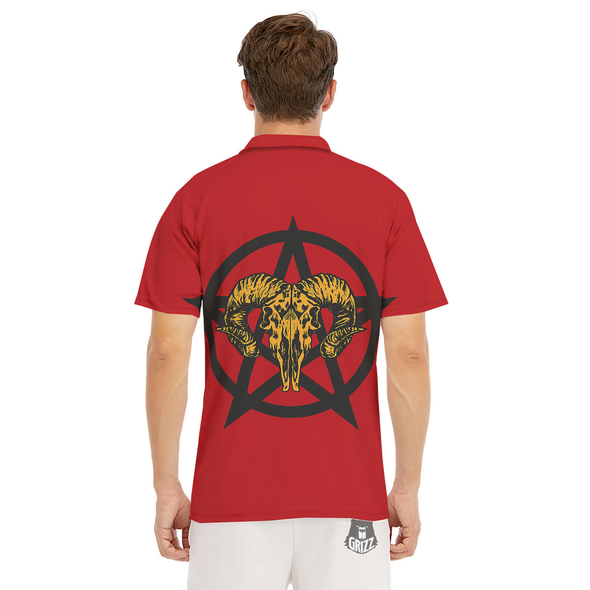 Pentagram Goat Skull Print Men's Golf Shirts-grizzshop