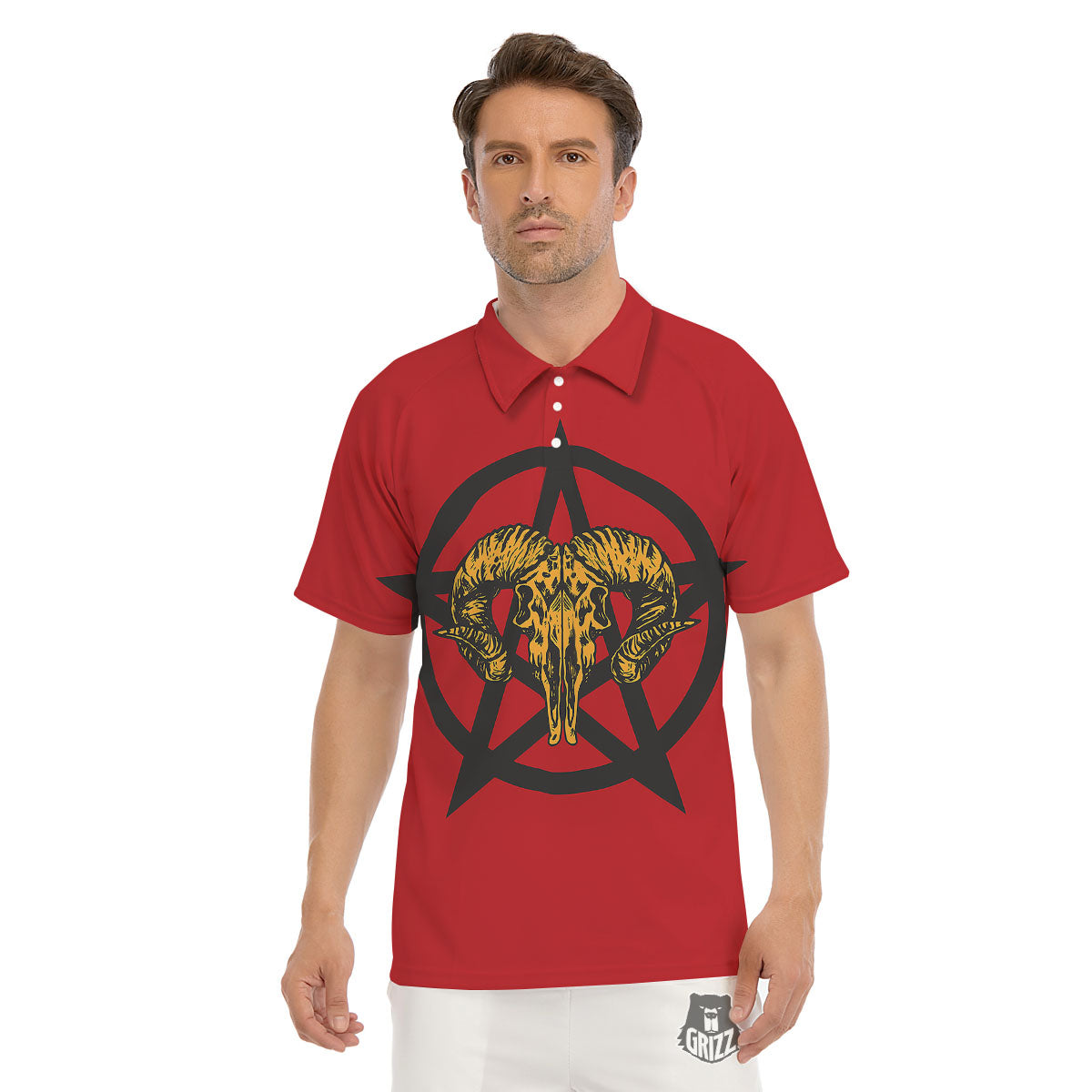 Pentagram Goat Skull Print Men's Golf Shirts-grizzshop
