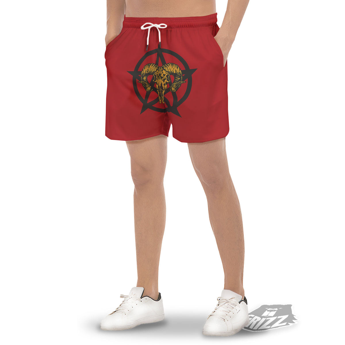 Pentagram Goat Skull Print Men's Gym Shorts-grizzshop