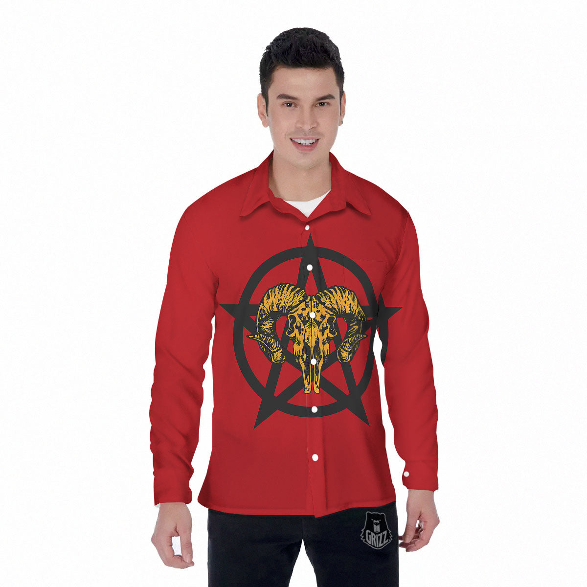 Pentagram Goat Skull Print Men's Long Sleeve Shirts-grizzshop