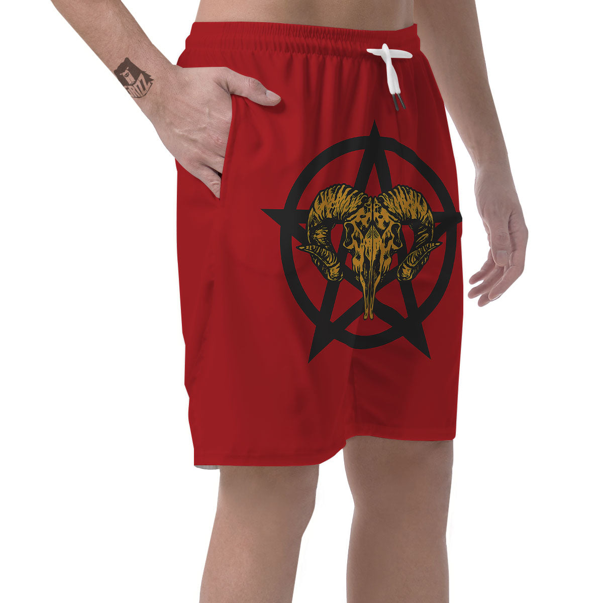 Pentagram Goat Skull Print Men's Shorts-grizzshop