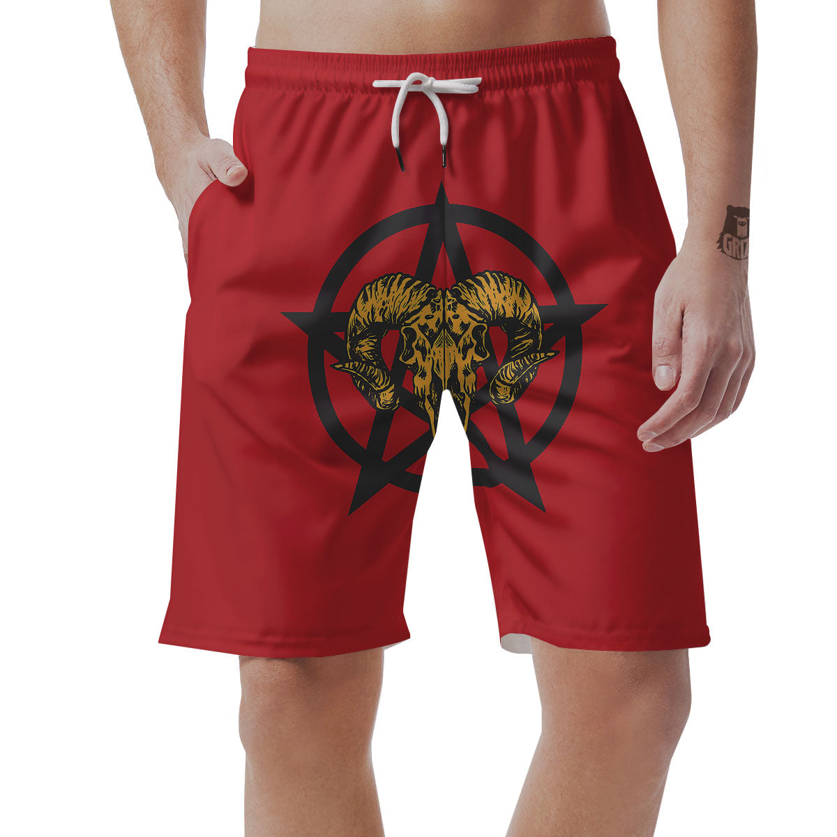 Pentagram Goat Skull Print Men's Shorts-grizzshop