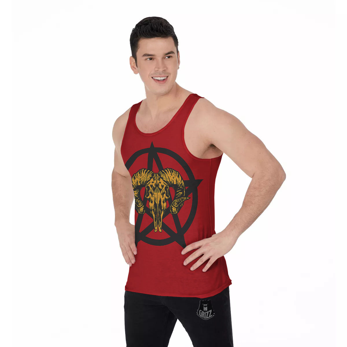 Pentagram Goat Skull Print Men's Tank Top-grizzshop