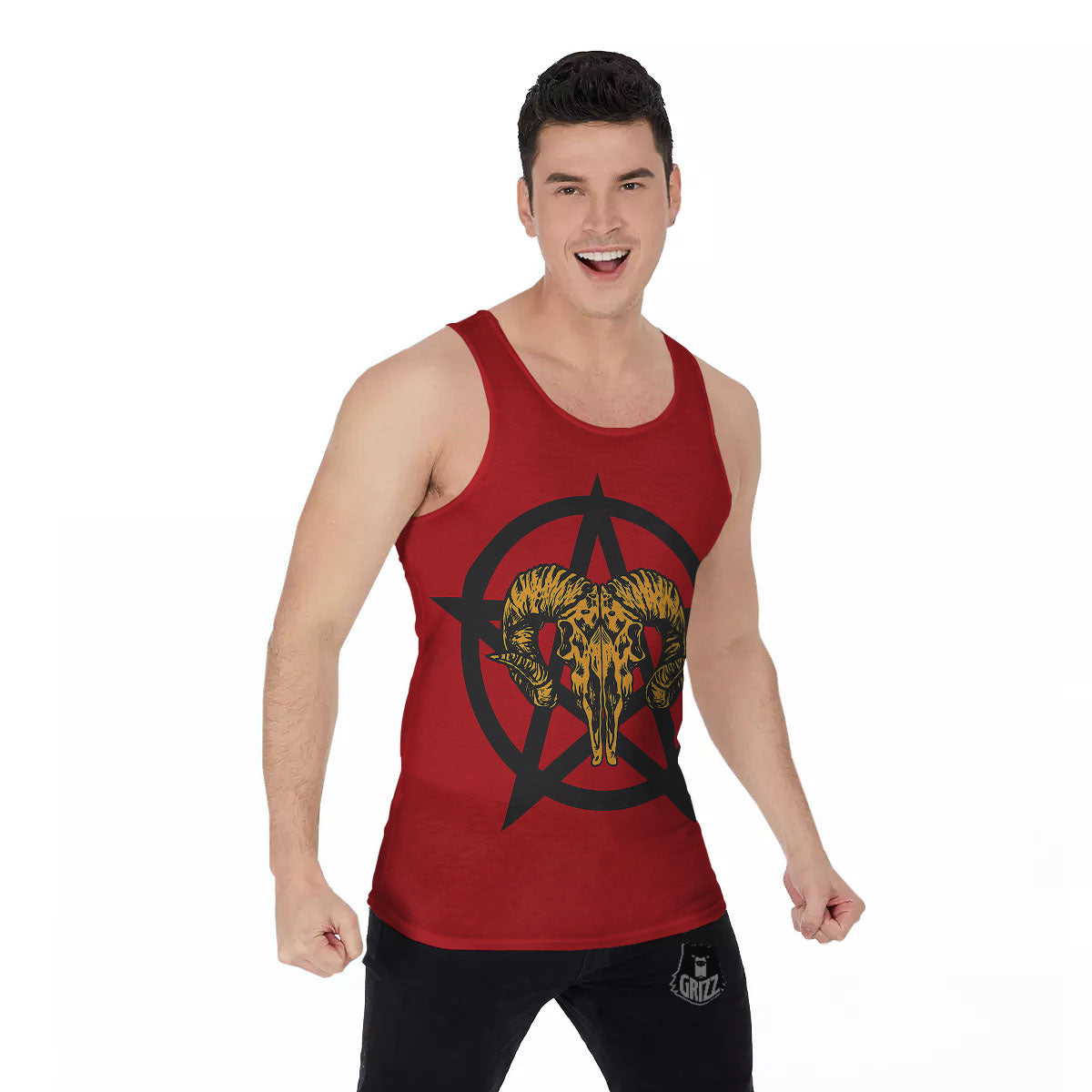 Pentagram Goat Skull Print Men's Tank Top-grizzshop