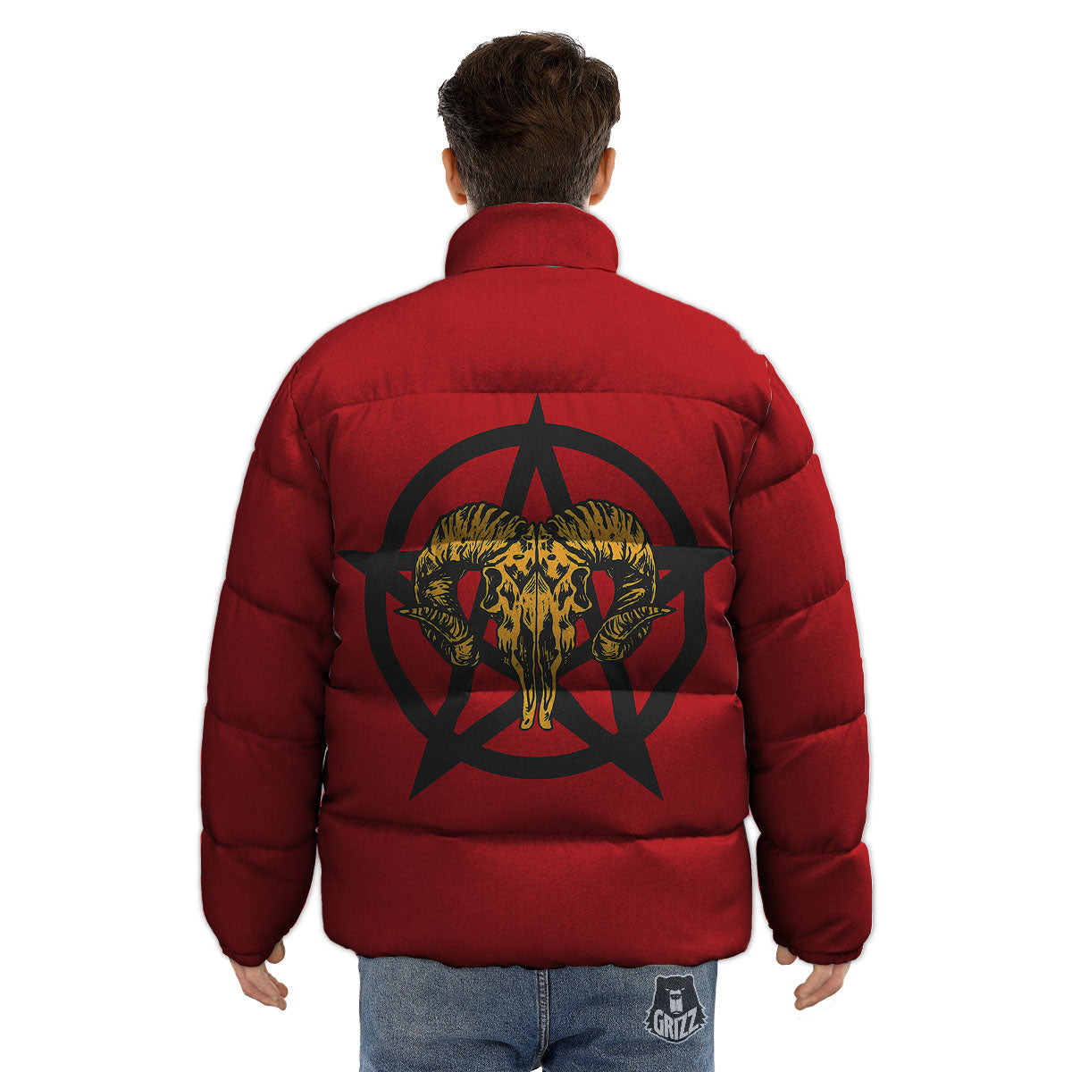 Pentagram Goat Skull Print Puffer Jacket-grizzshop