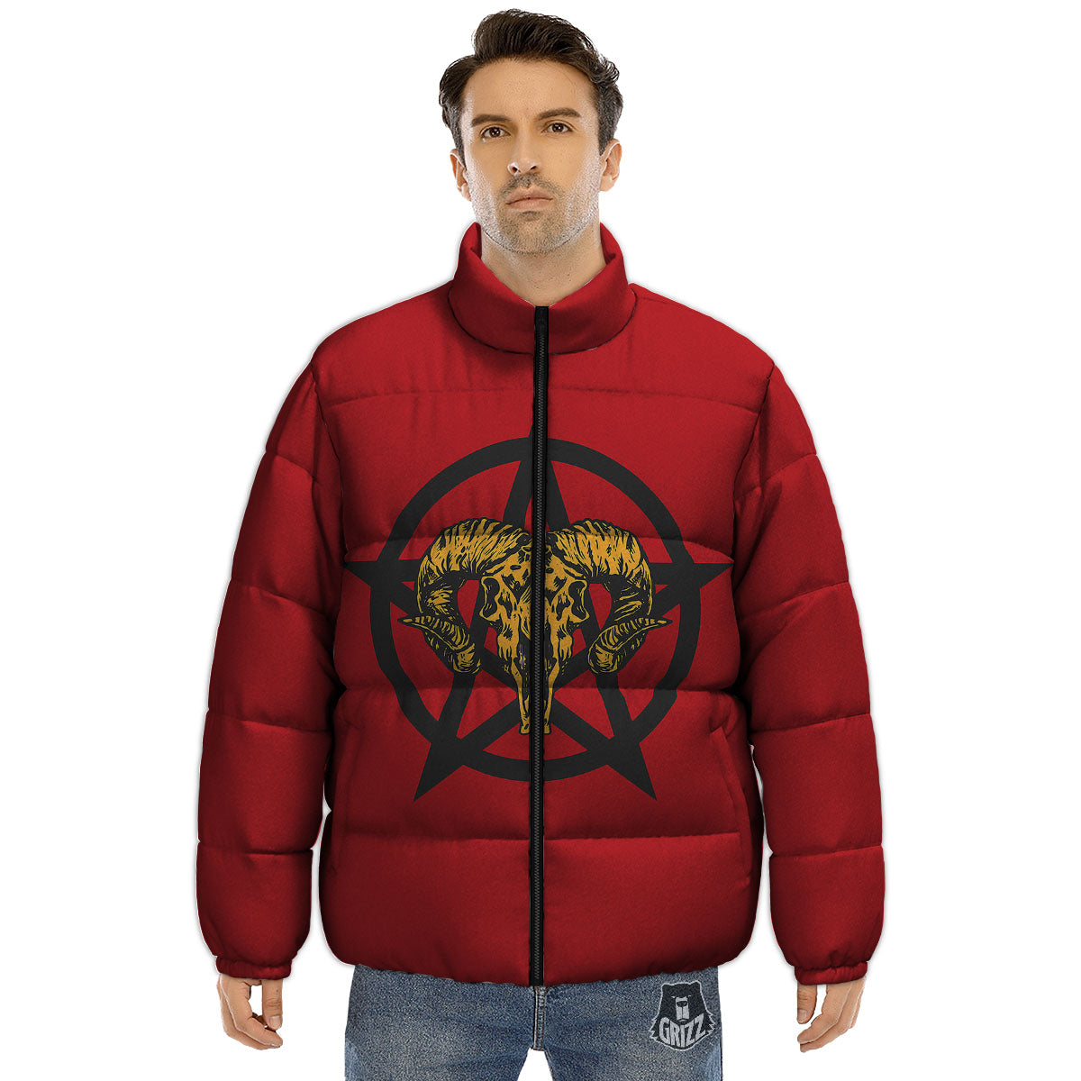 Pentagram Goat Skull Print Puffer Jacket-grizzshop