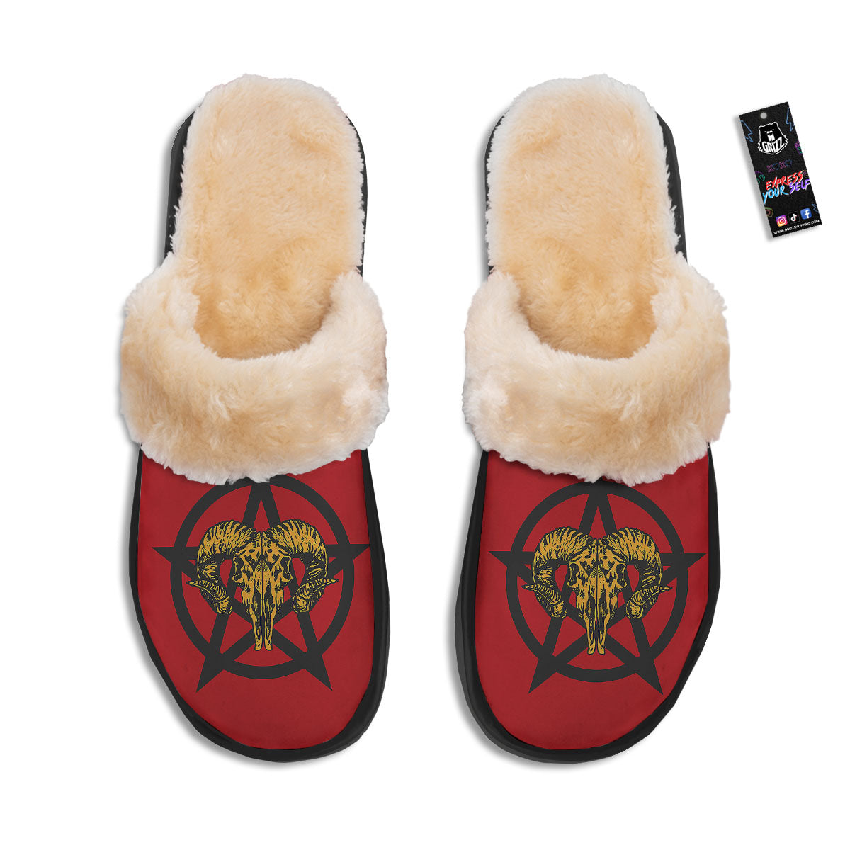 Pentagram Goat Skull Print Slippers-grizzshop