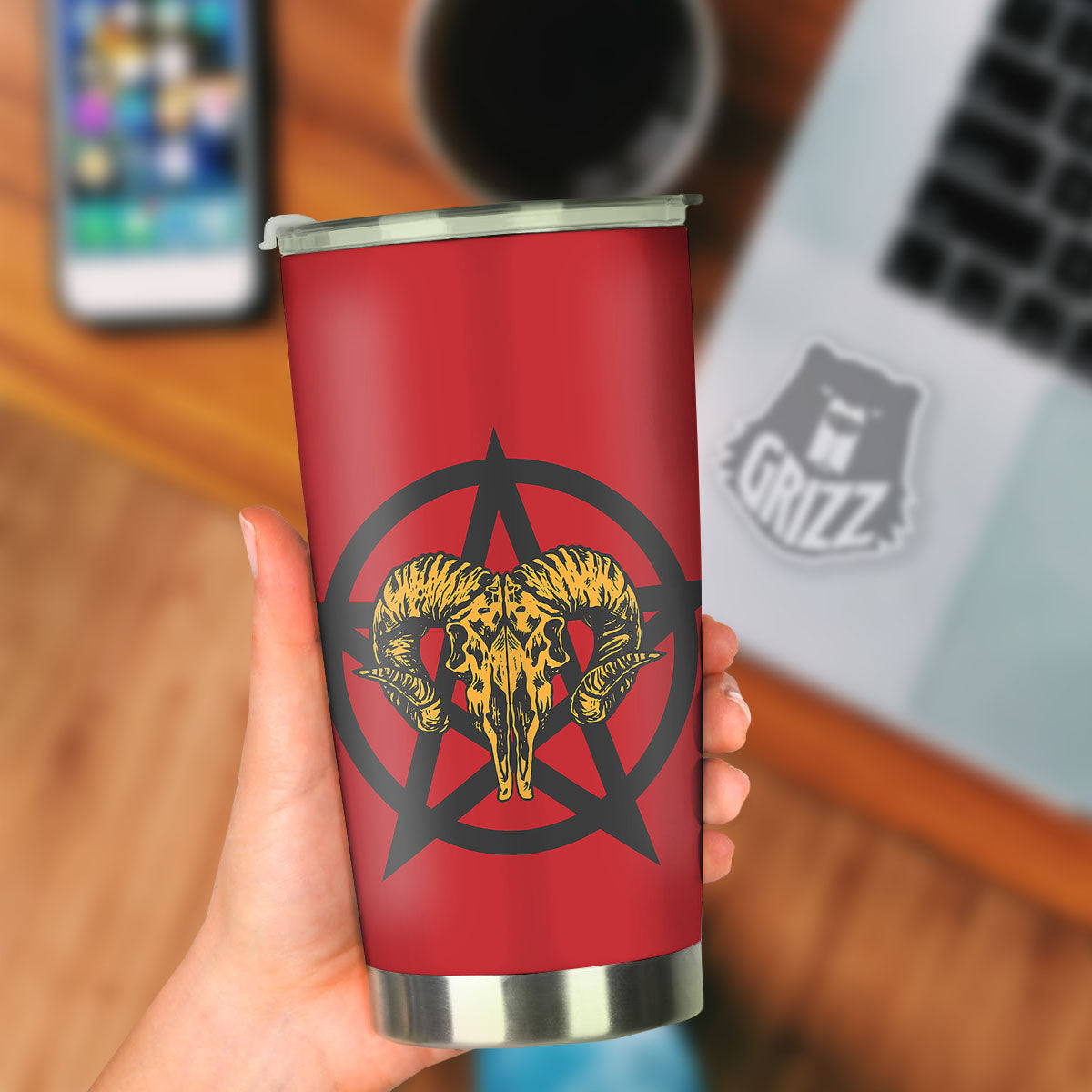 Pentagram Goat Skull Print Tumbler-grizzshop