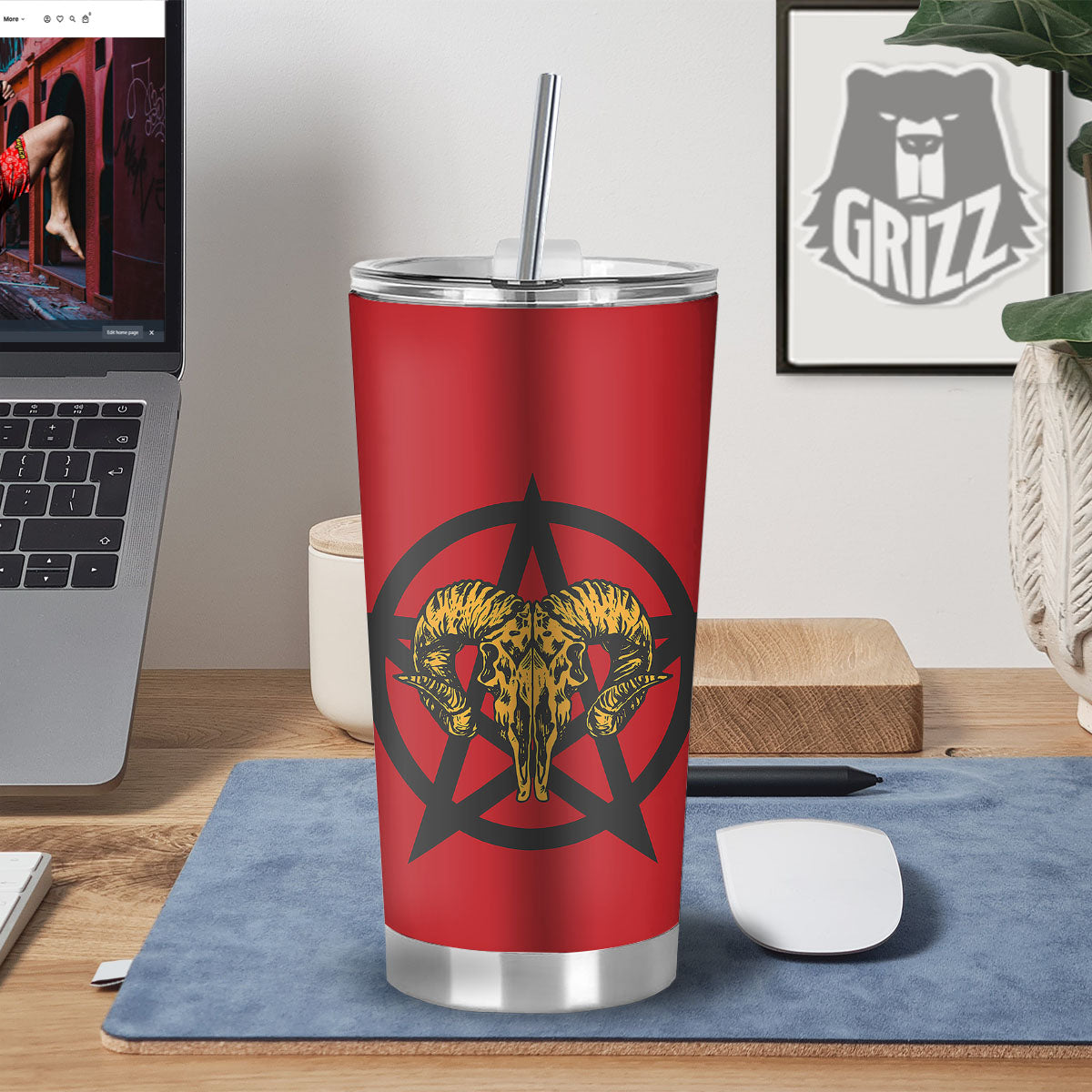 Pentagram Goat Skull Print Tumbler-grizzshop