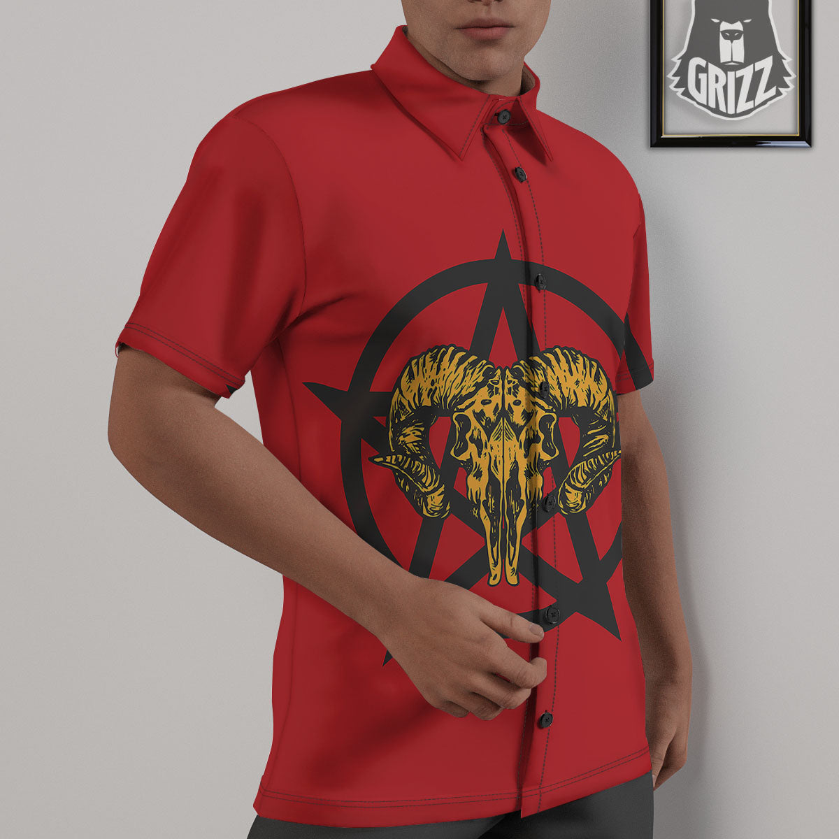 Pentagram Goat Skull Print Untucked Shirts-grizzshop