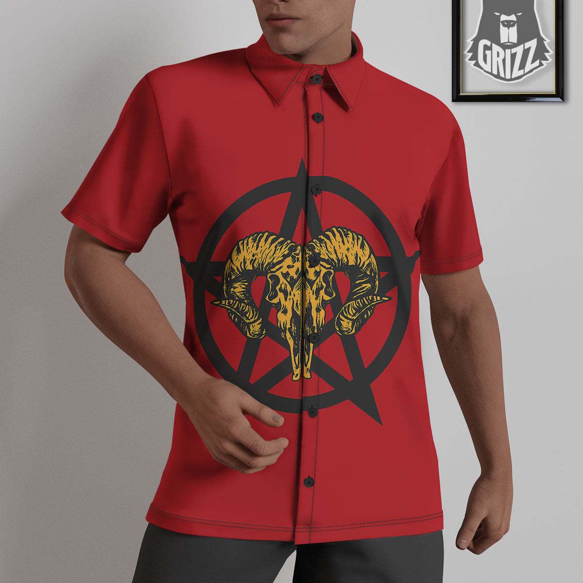 Pentagram Goat Skull Print Untucked Shirts-grizzshop