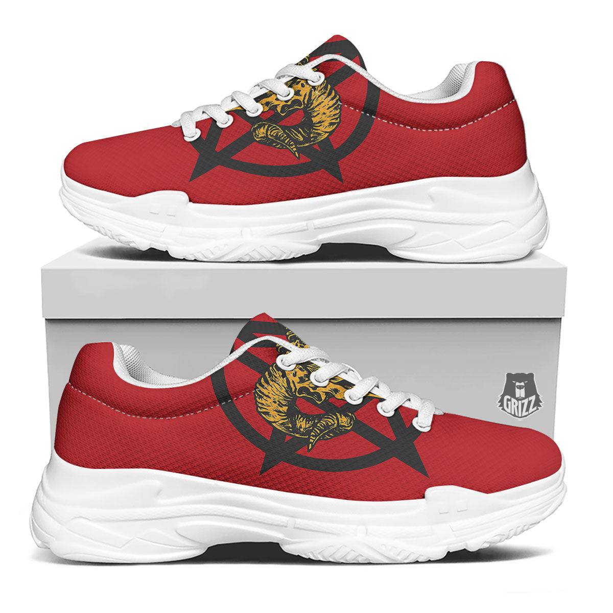 Pentagram Goat Skull Print White Chunky Shoes-grizzshop