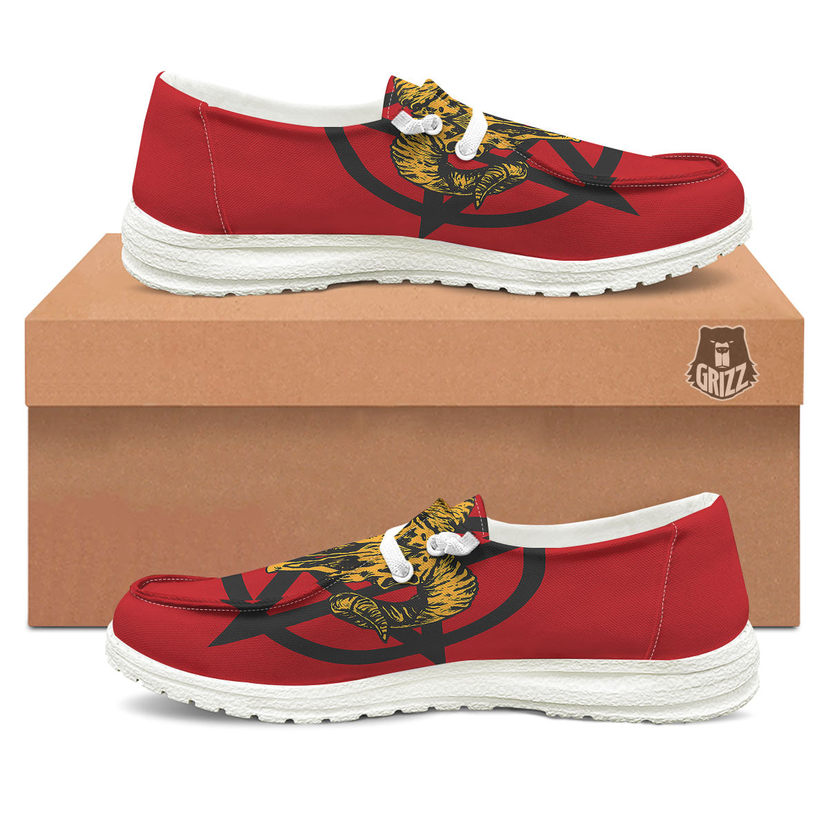 Pentagram Goat Skull Print White Loafers-grizzshop