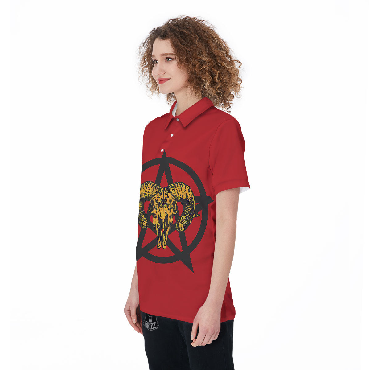 Pentagram Goat Skull Print Women's Golf Shirts-grizzshop