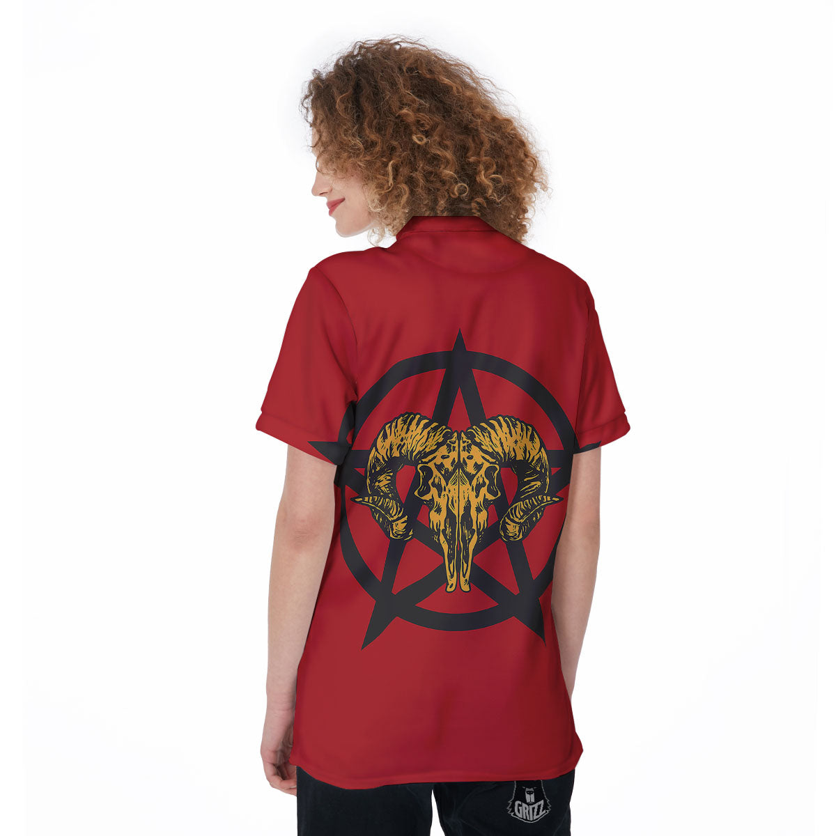Pentagram Goat Skull Print Women's Golf Shirts-grizzshop