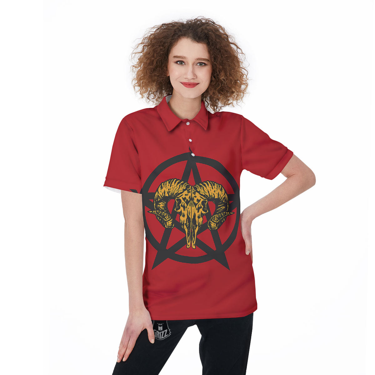 Pentagram Goat Skull Print Women's Golf Shirts-grizzshop