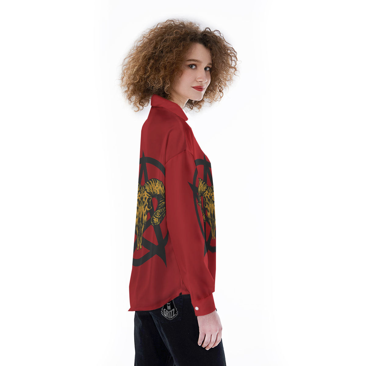 Pentagram Goat Skull Print Women's Long Sleeve Shirts-grizzshop