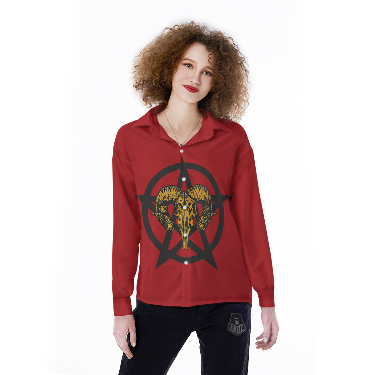 Pentagram Goat Skull Print Women's Long Sleeve Shirts-grizzshop