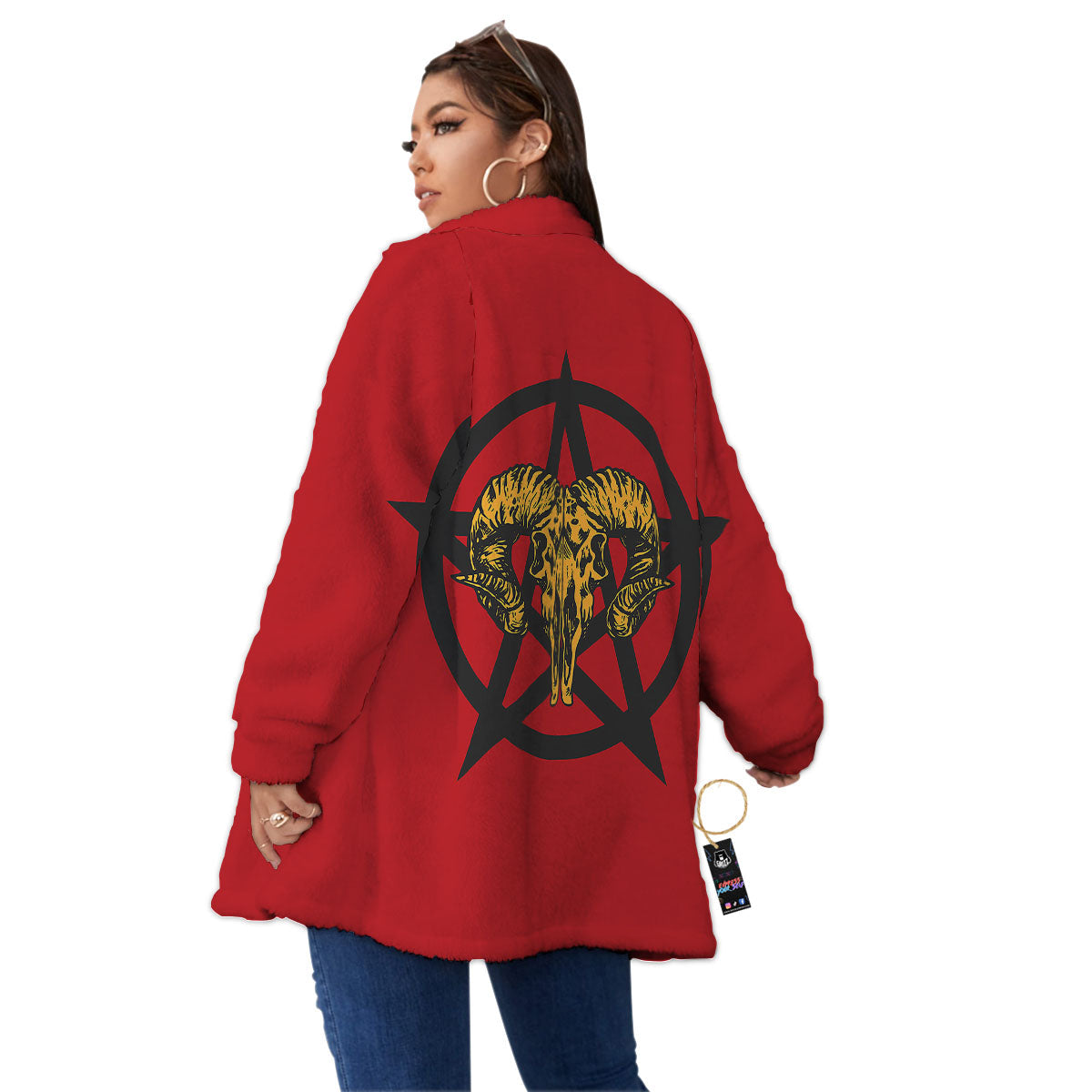 Pentagram Goat Skull Print Women's Sherpa Jacket-grizzshop