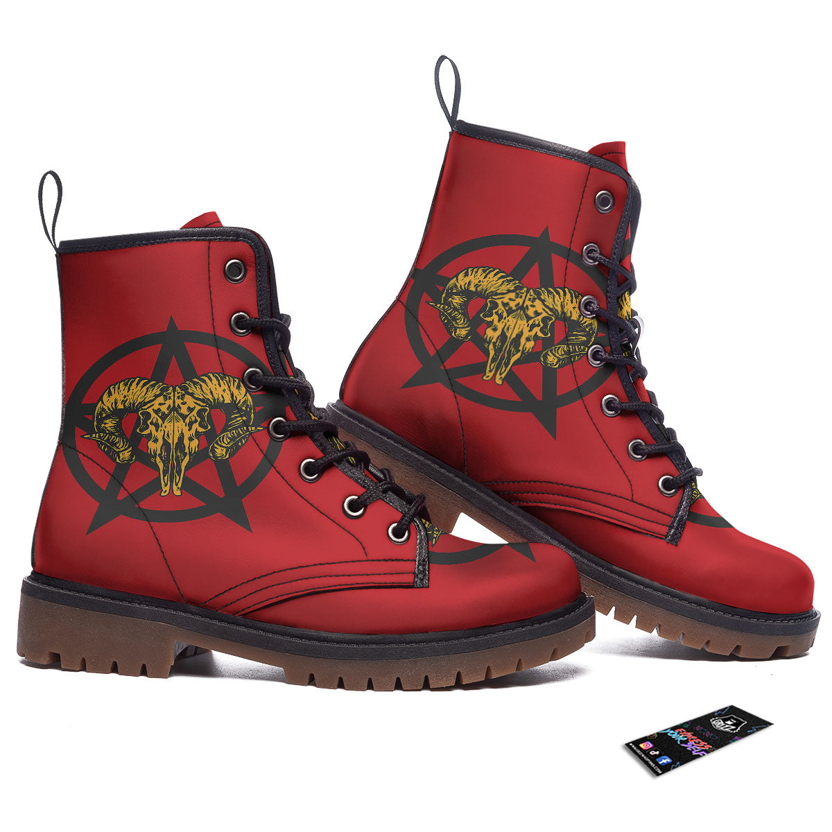 Pentagram Goat Skull Print Work Boots-grizzshop