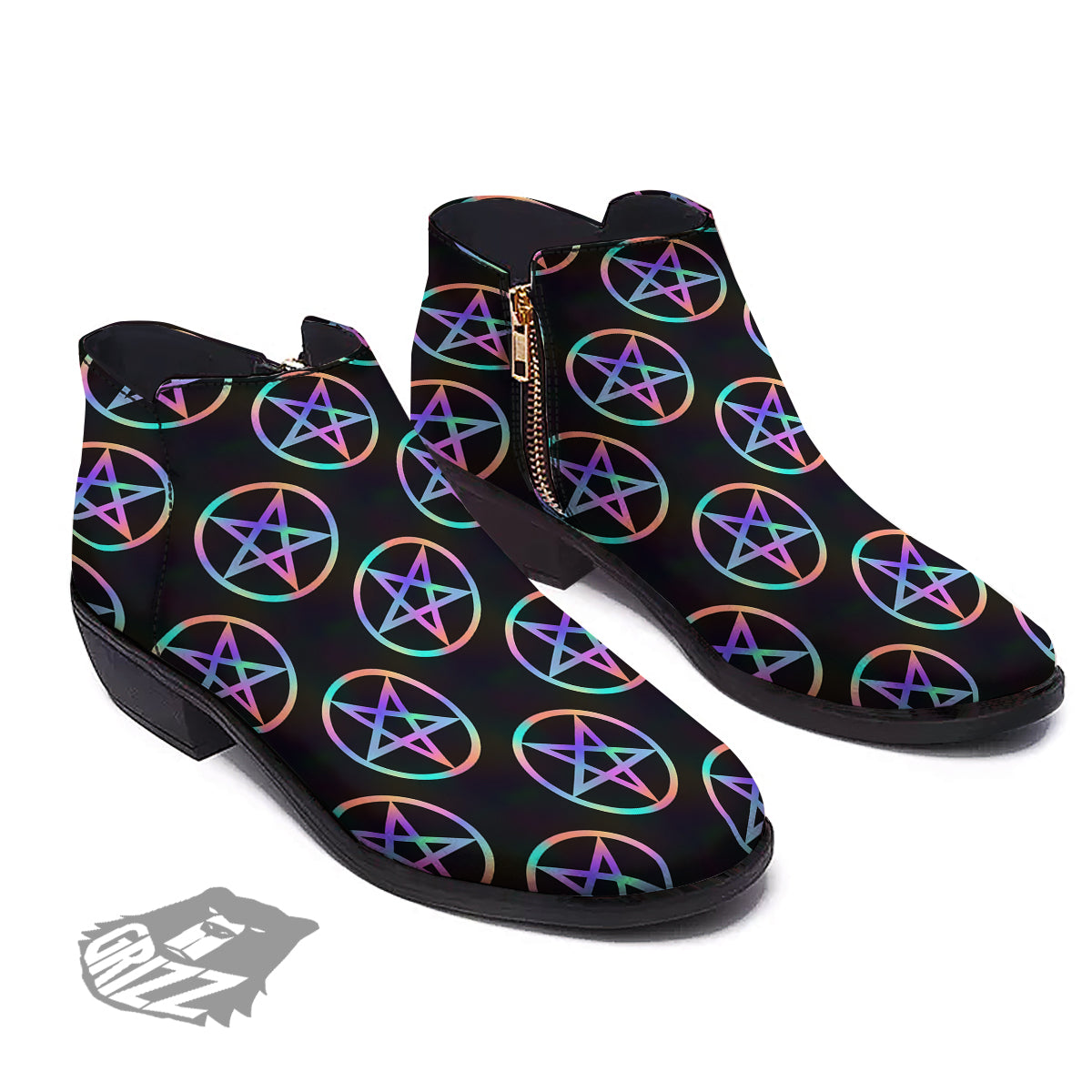 Pentagram Holographic Print Pattern Ankle Boots-grizzshop