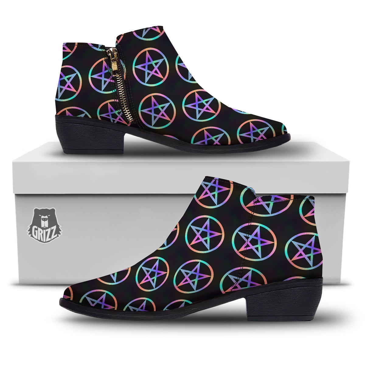 Pentagram Holographic Print Pattern Ankle Boots-grizzshop