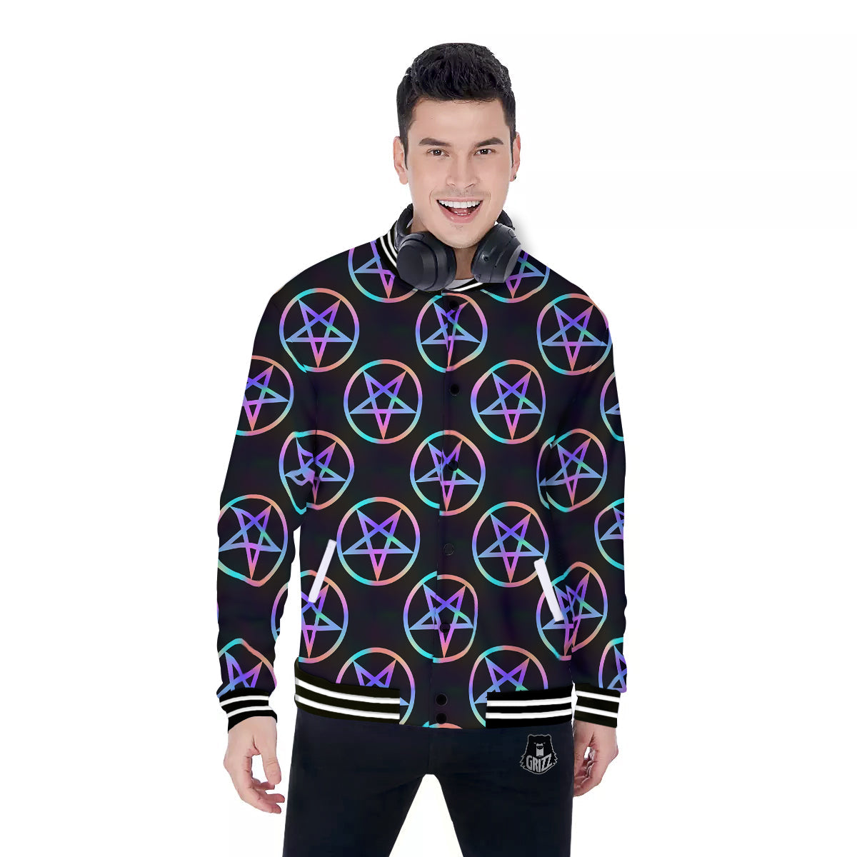 Pentagram Holographic Print Pattern Baseball Jacket-grizzshop