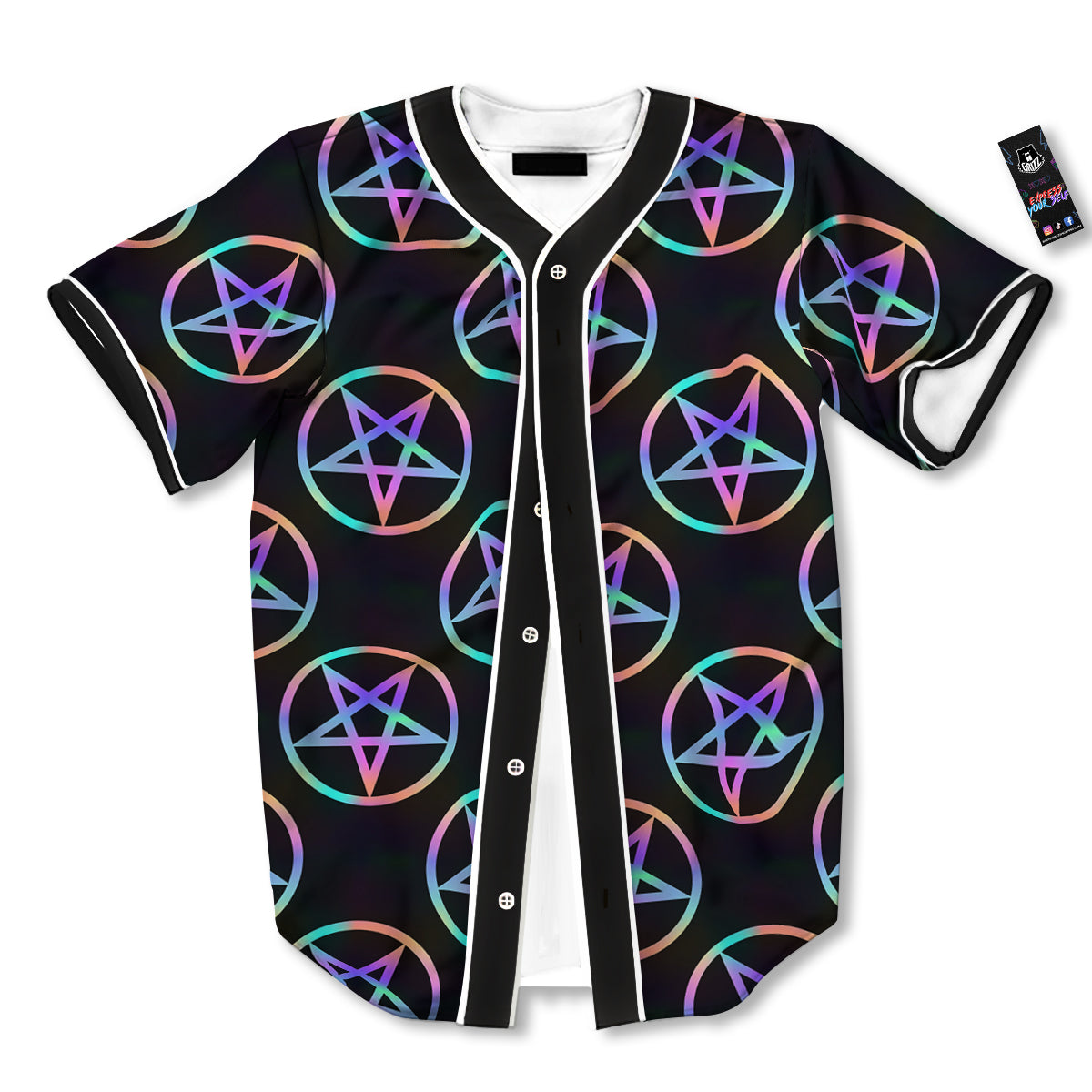 Pentagram Holographic Print Pattern Baseball Jersey-grizzshop