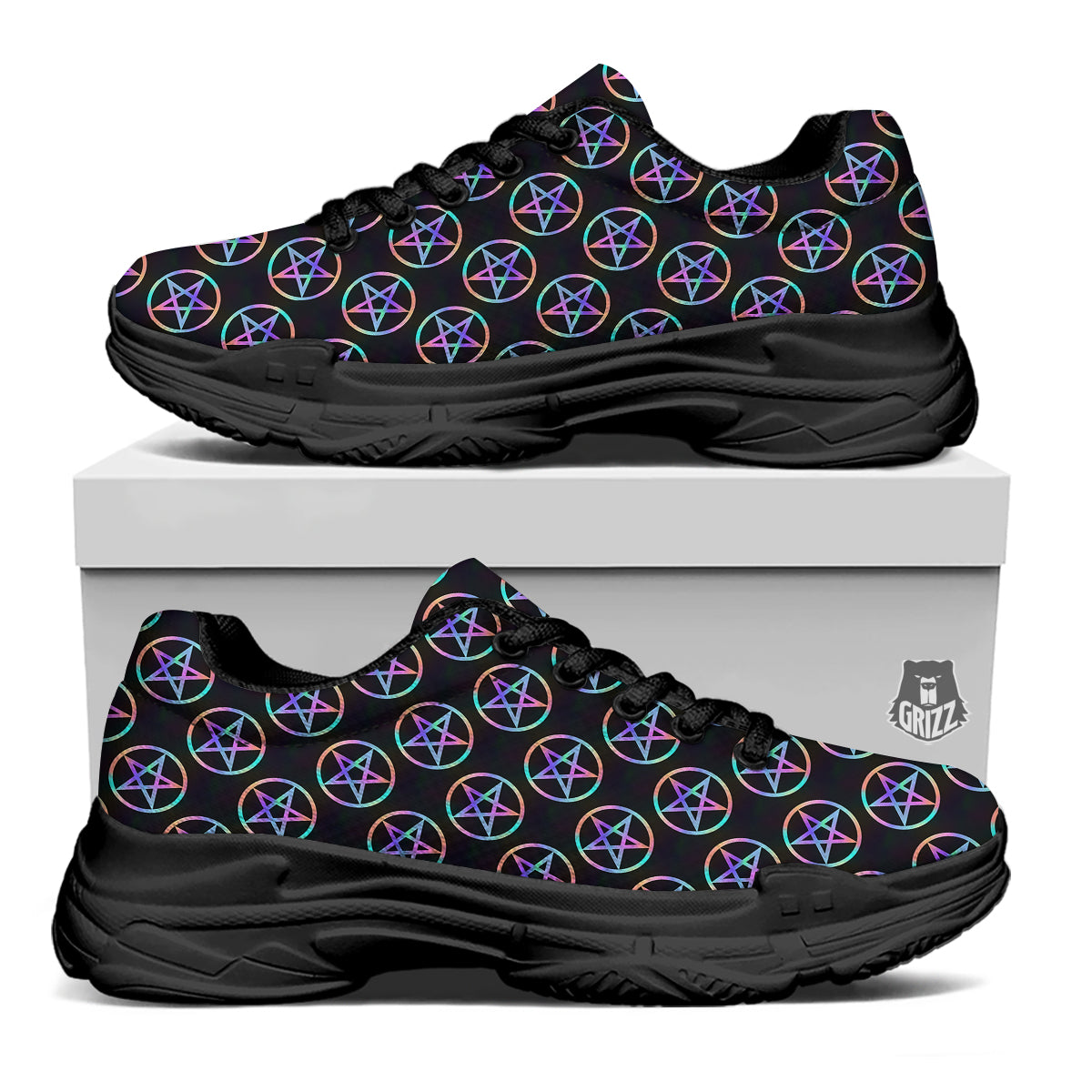 Pentagram Holographic Print Pattern Black Chunky Shoes-grizzshop