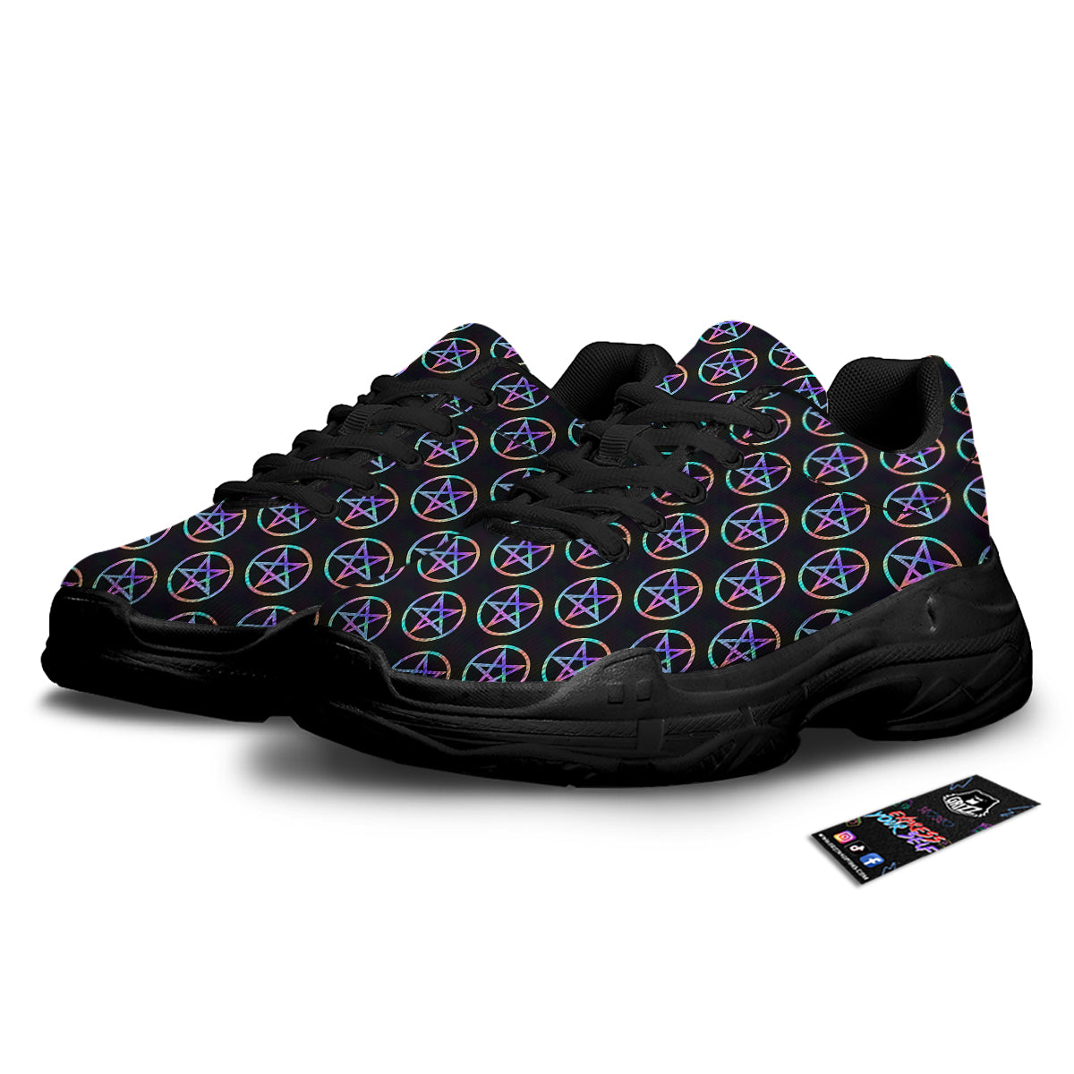 Pentagram Holographic Print Pattern Black Chunky Shoes-grizzshop