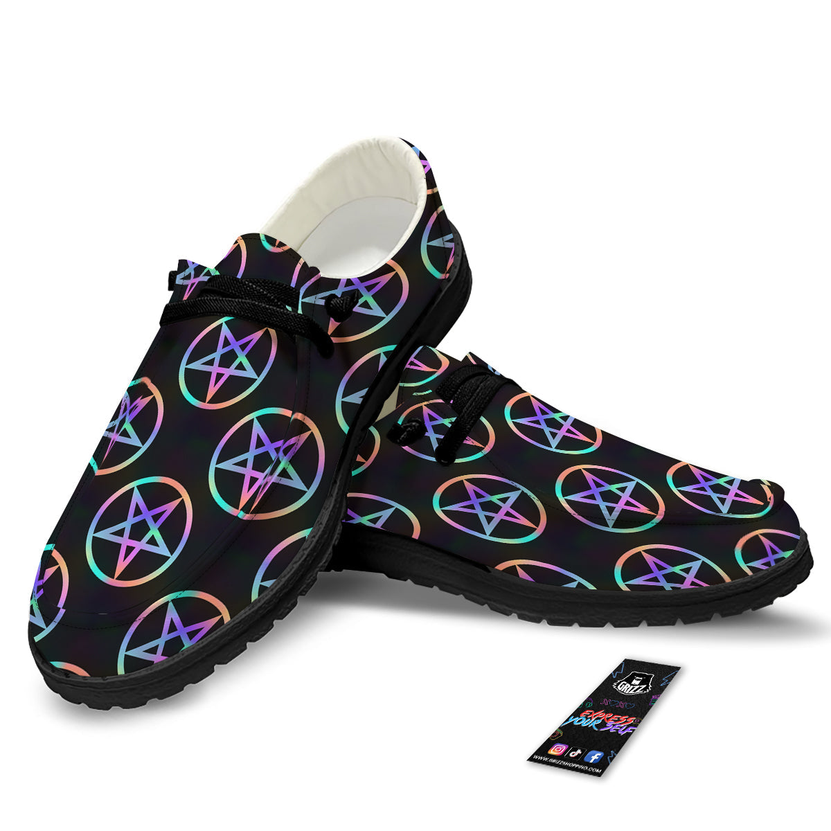 Pentagram Holographic Print Pattern Black Loafers-grizzshop